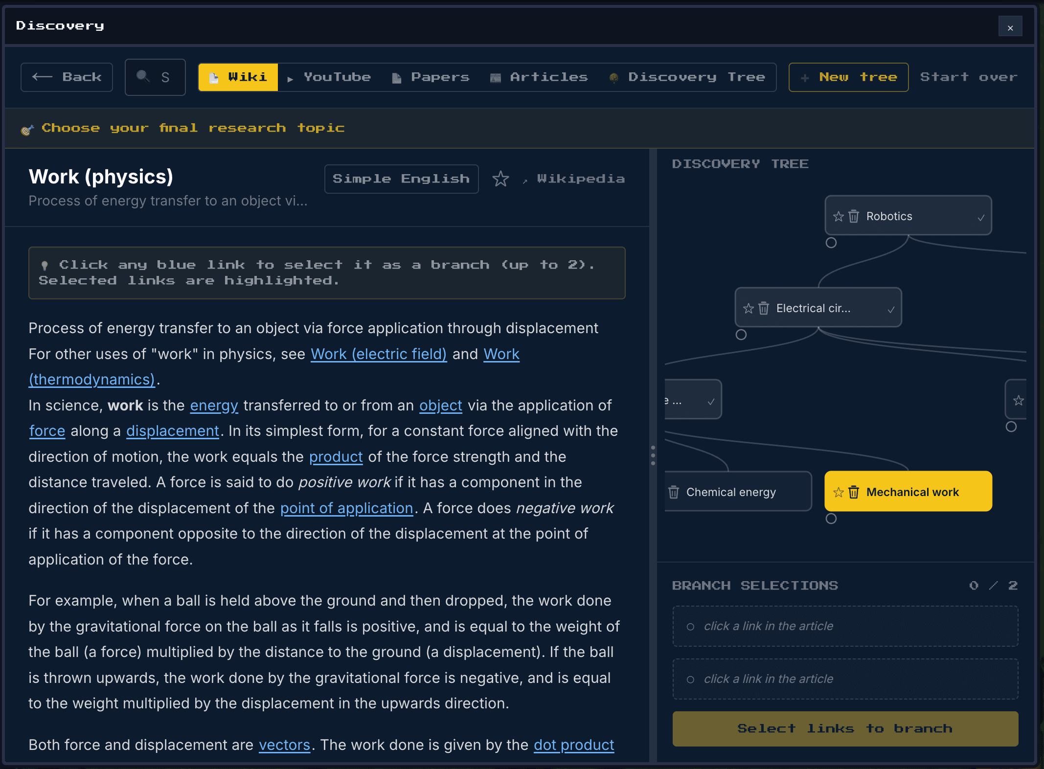 The Discovery explorer: a Wikipedia article with selectable links, branching into a live discovery tree of chosen topics alongside it.