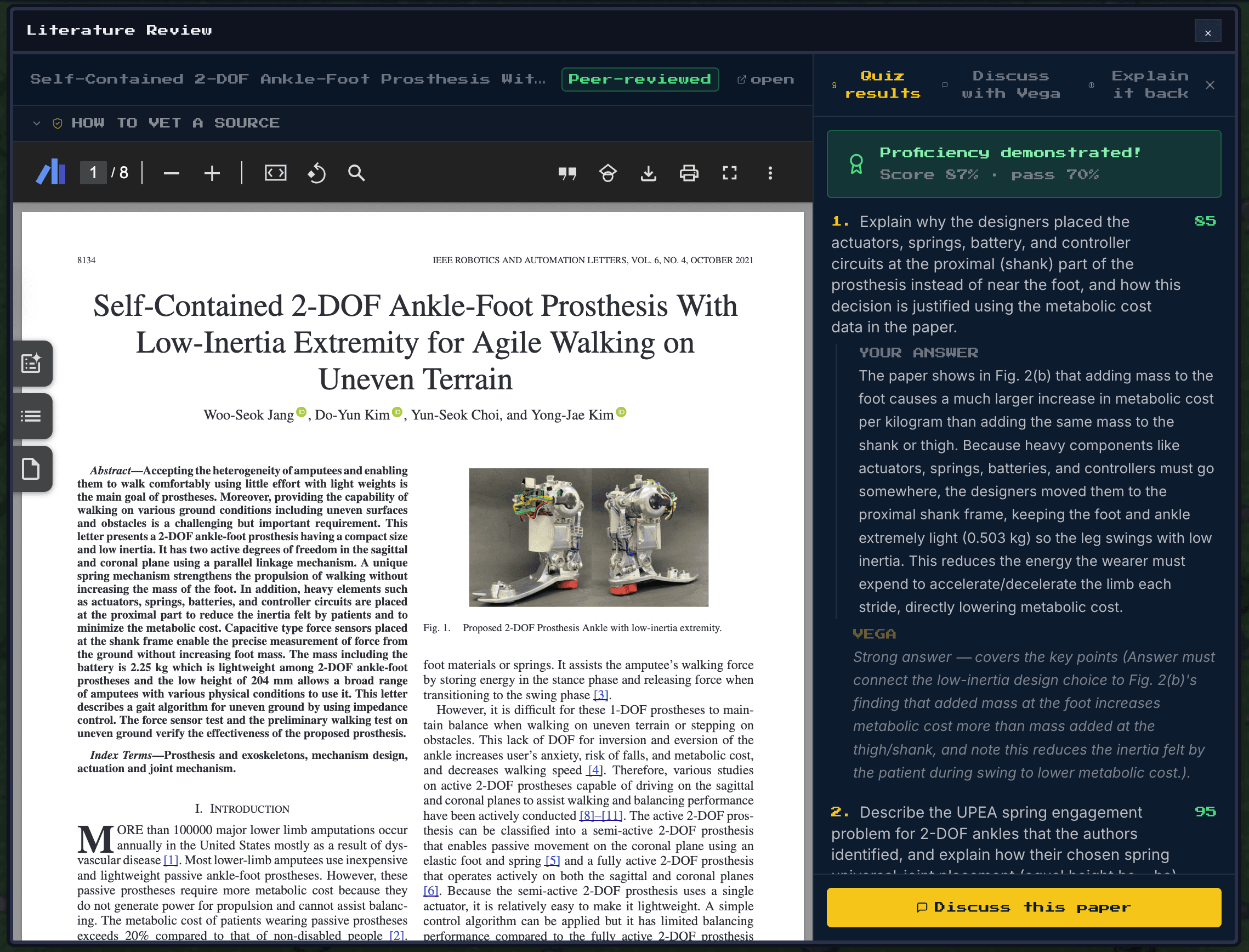 The Literature Review screen: a peer-reviewed paper open in the reader beside its graded comprehension quiz, showing a passed proficiency score and per-question feedback on the student’s own answers.