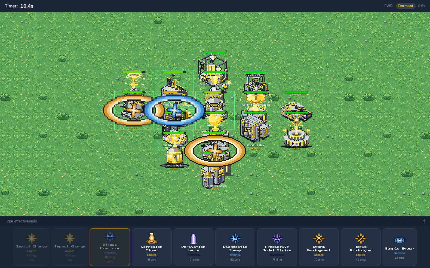 A live raid in the Battle Arena: three spells detonating over a rival lab's base of maxed buildings and gateways, each with a health bar, above the spell bar showing damage values, types and cooldowns, with 10.4 seconds left on the raid clock.
