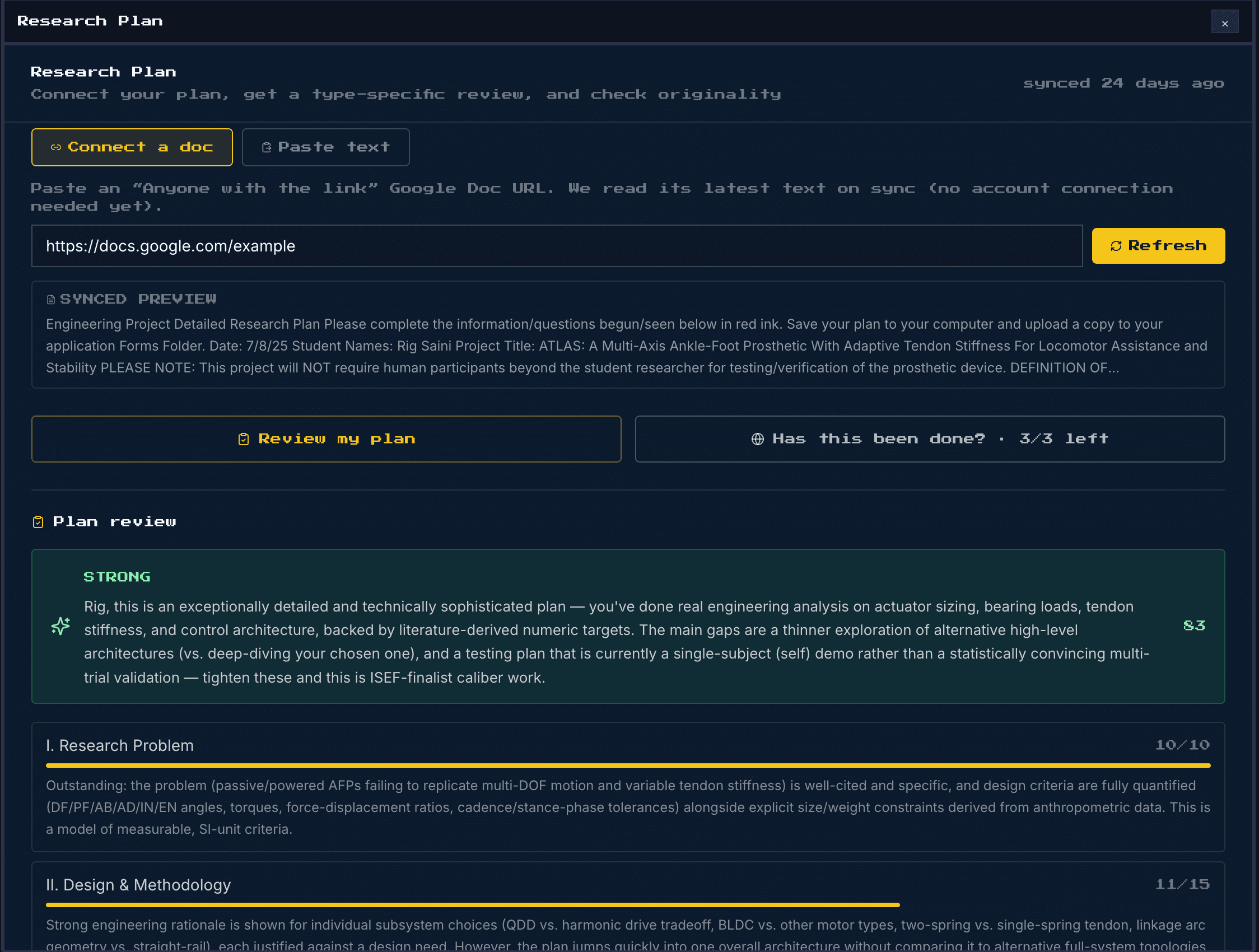 The Research Plan screen: a plan connected from a Google Doc with its synced preview, review and originality-check actions, and the resulting review — an overall STRONG verdict scored 83 above a per-section rubric with specific written criticism.